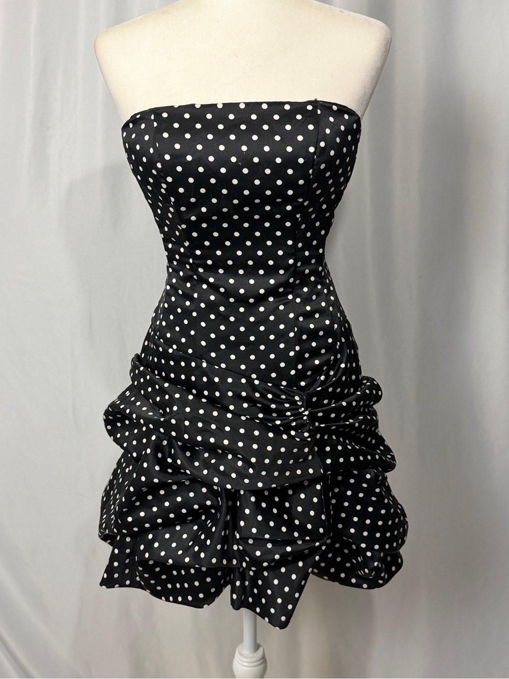 VTG 80s Masquerade Polka Dot Strapless Dress Bubble Hem Ruffle Coquette Sz 3/4
